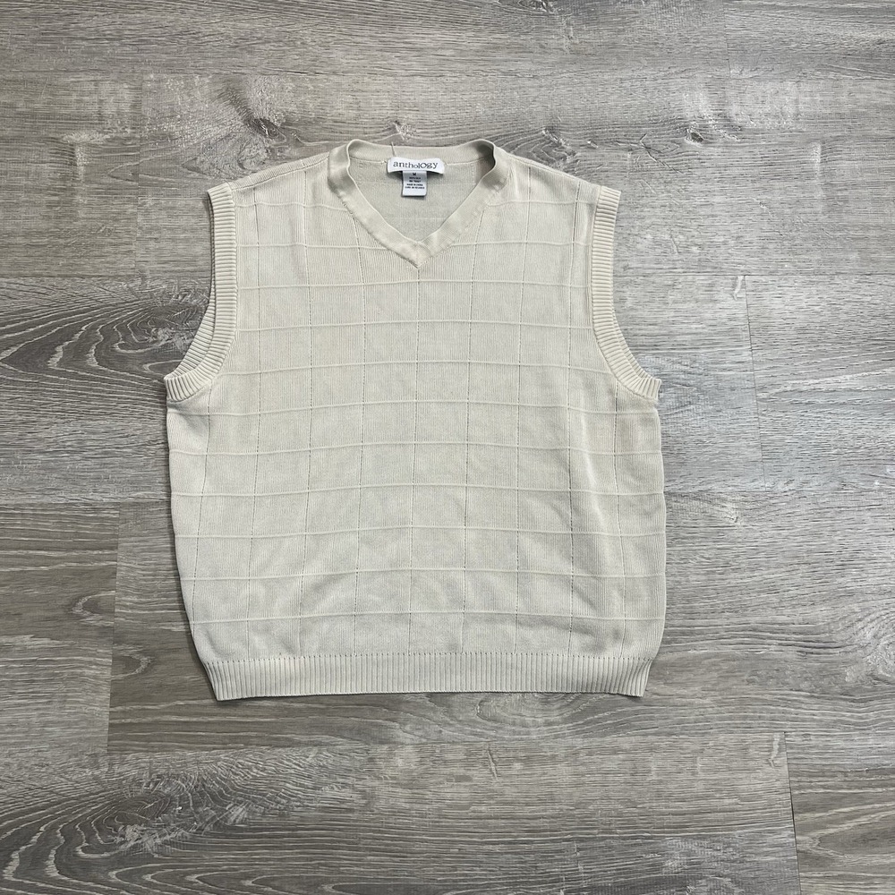 Anthology Men's Sweater Vest M 100% Silk Knit Preppy Classic V Neck Beige